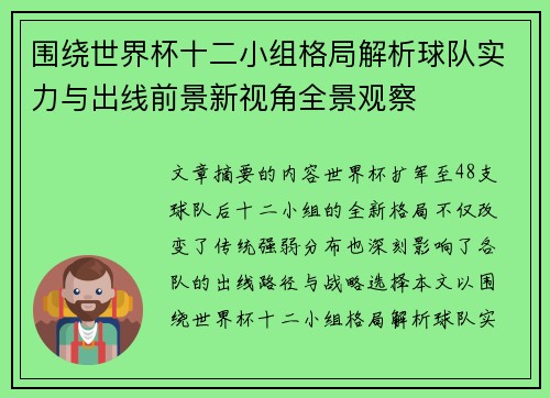 围绕世界杯十二小组格局解析球队实力与出线前景新视角全景观察